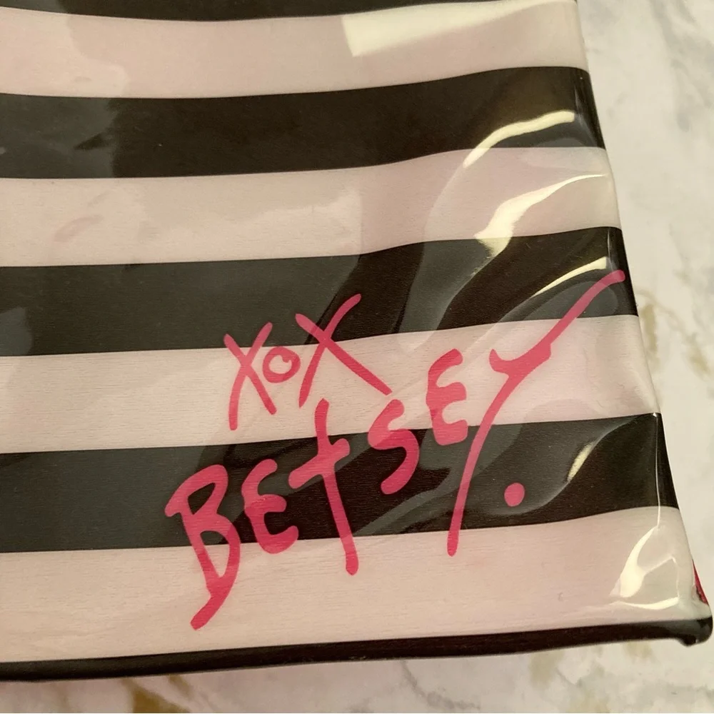NEW Betsey Johnson Black and White Striped Floral Designer Cosmetic Bag